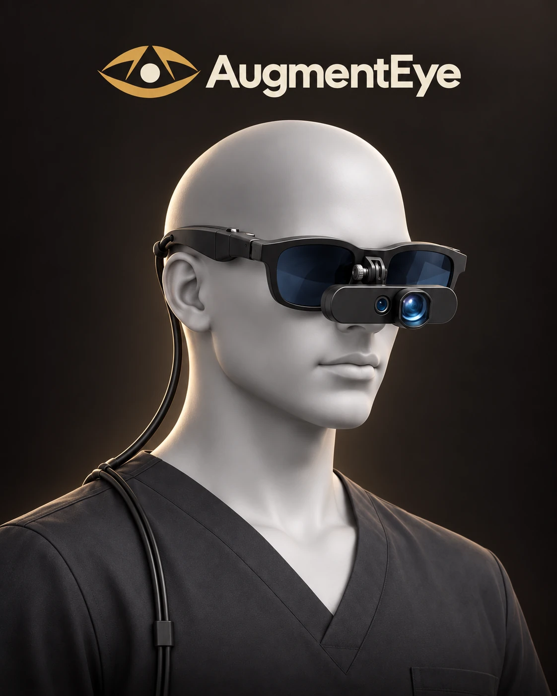 AugmentEYE camera and AR display worn in an upright viewing position, product illustration