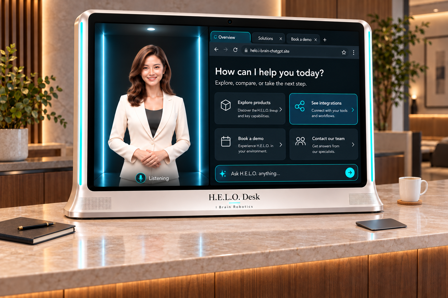 H.E.L.O. Desk on a reception counter, with an ivory-suited presenter on the left and an interactive workspace on the right