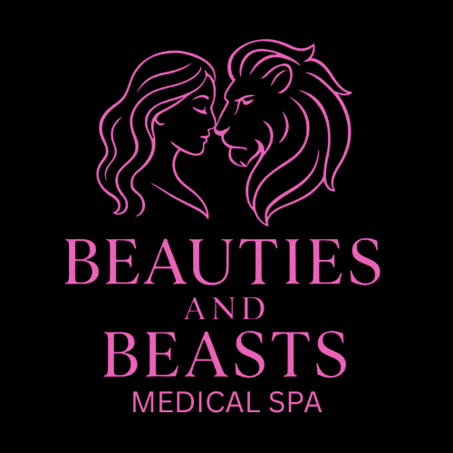 Pink outline of a woman's face and a lion's face above the text Beauties and Beasts Medical Spa.