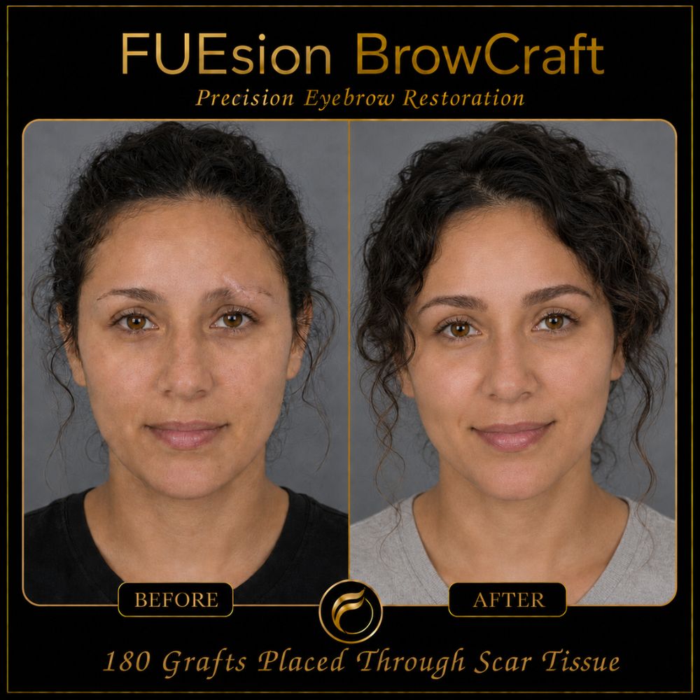 Scar camouflage brow restoration before and after — FUEsion BrowCraft