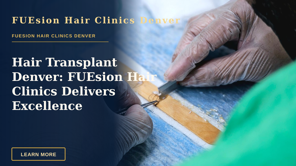 Hair Transplant Denver: FUEsion Hair Clinics Delivers Excellence — Detailed view of a hair transplant procedure with gloved hands holding surgical tools indoors.