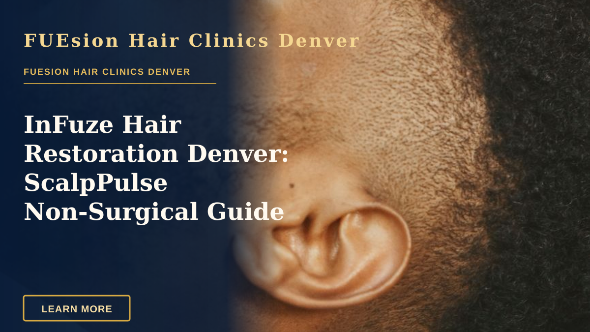 InFuze Hair Restoration Denver: ScalpPulse Non‑Surgical Guide — African American man receives a precise haircut with a hair clipper. Close-up view.