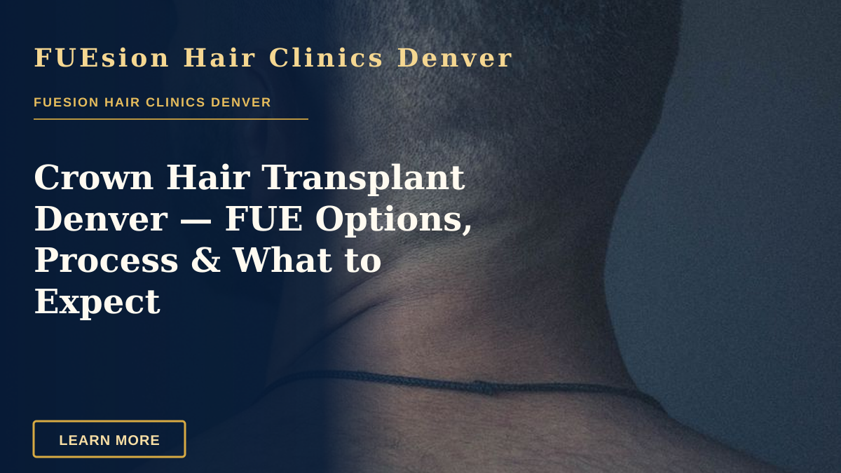 Crown Hair Transplant Denver — FUE Options, Process & What to Expect — Back view unrecognizable bearded brunet with naked torso standing against dark gray wall and looking away