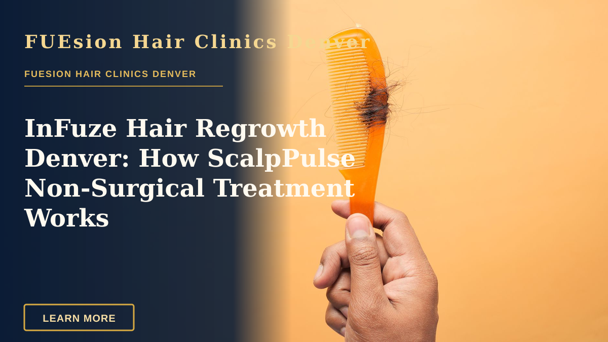 InFuze Hair Regrowth Denver: How ScalpPulse Non‑Surgical Treatment Works — Close-up of hand holding a comb with hair against an orange backdrop, highlighting hair loss concept.