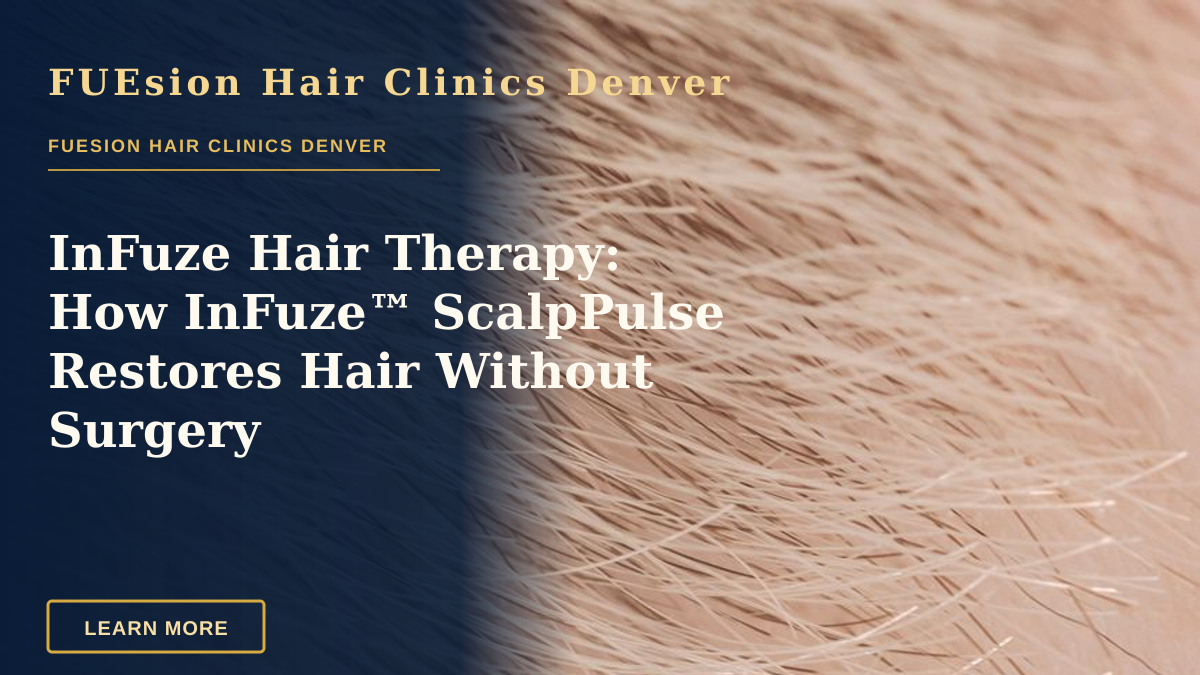 InFuze Hair Therapy: How InFuze™ ScalpPulse Restores Hair Without Surgery — Full frame closeup of skin with short brown and fair hairs on surface