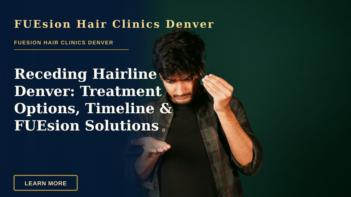 Receding Hairline Denver: Treatment Options, Timeline & FUEsion Solutions — A young man examining hair loss indoors, reflecting self-care concerns.