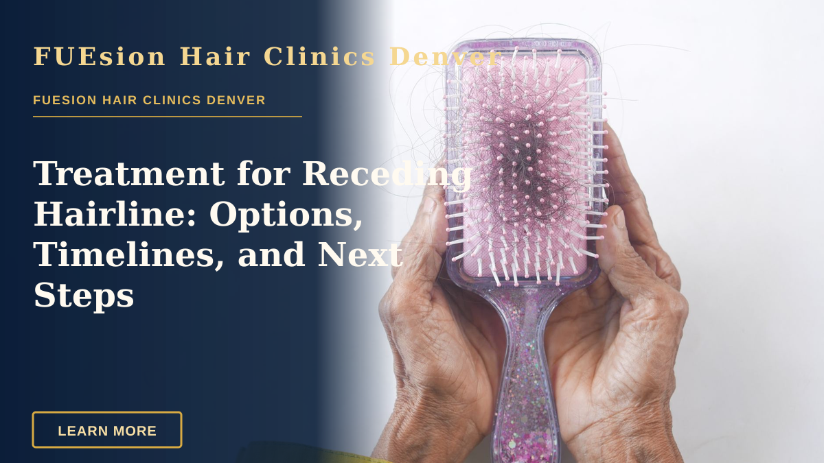 Treatment for Receding Hairline: Options, Timelines, and Next Steps — Close-up of senior hands holding a hairbrush with hair strands against a white backdrop.