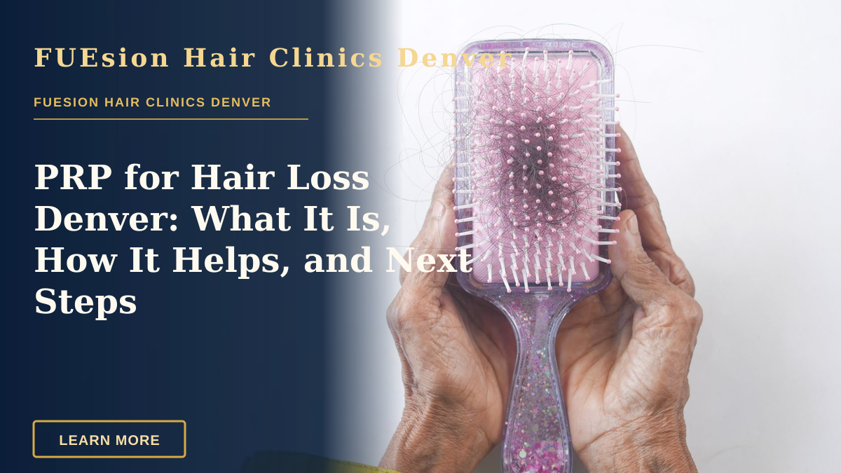 PRP for Hair Loss Denver: What It Is, How It Helps, and Next Steps — Close-up of senior hands holding a hairbrush with hair strands against a white backdrop.