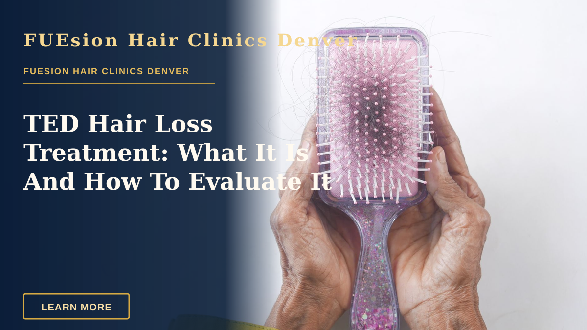 TED Hair Loss Treatment: What It Is And How To Evaluate It — Close-up of senior hands holding a hairbrush with hair strands against a white backdrop.
