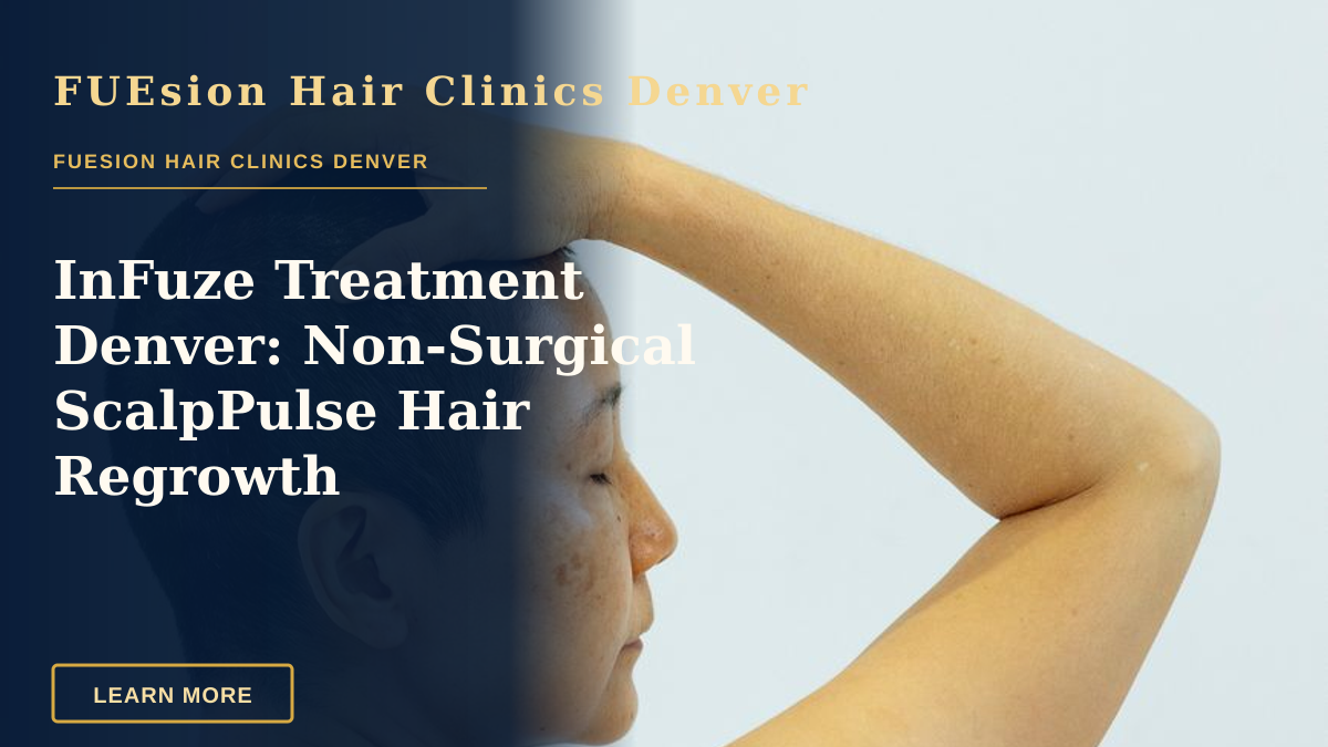 InFuze Treatment Denver: Non-Surgical ScalpPulse Hair Regrowth — Back view of ethnic shirtless female with eyes closed on white background of studio