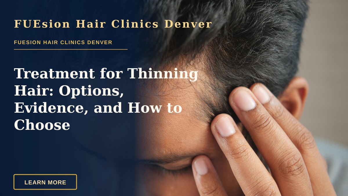 Treatment for Thinning Hair: Options, Evidence, and How to Choose — Close-up of a man's hand touching his head in contemplation. Neutral tones and soft lighting.