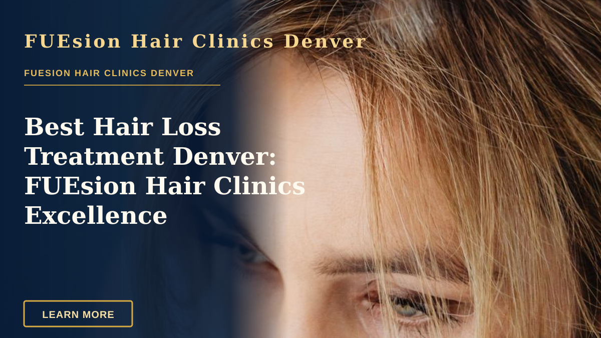 Best Hair Loss Treatment Denver: FUEsion Hair Clinics Excellence — Studio shot of a woman's head with blonde hair against a blue background, focusing on her eyes and forehead.