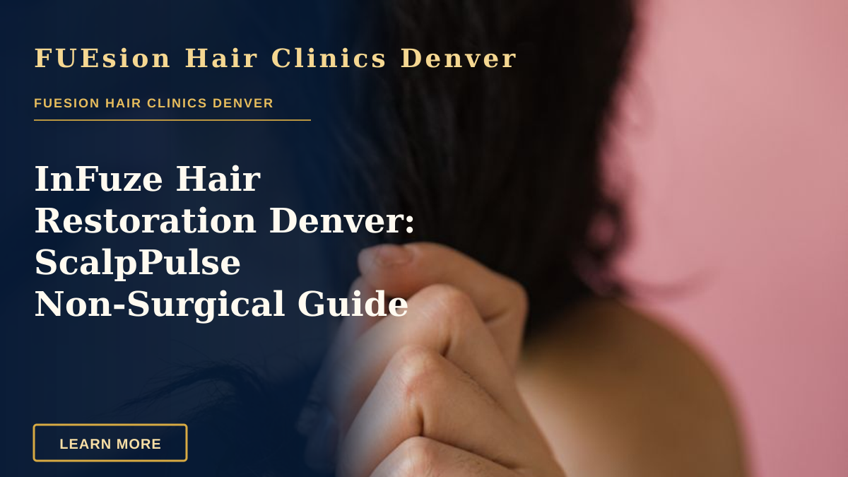 InFuze Hair Restoration Denver: ScalpPulse Non‑Surgical Guide — Close-up of a woman holding her black hair with a small tattoo visible on her wrist.