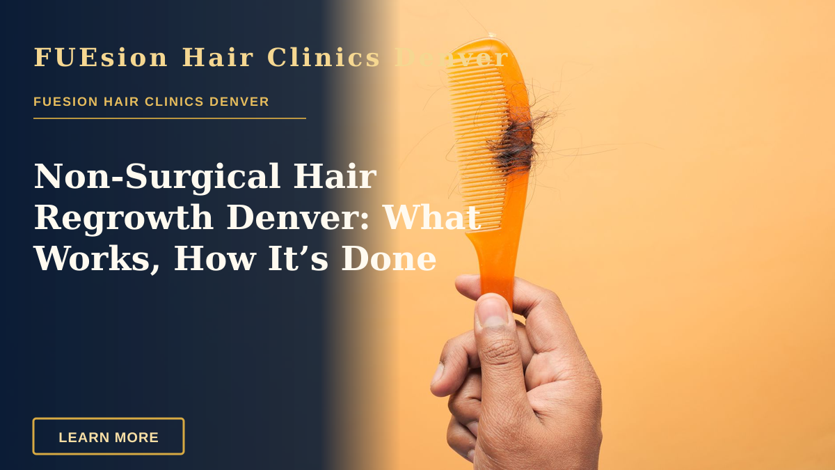 Non-Surgical Hair Regrowth Denver: What Works, How It’s Done — Close-up of hand holding a comb with hair against an orange backdrop, highlighting hair loss concept.