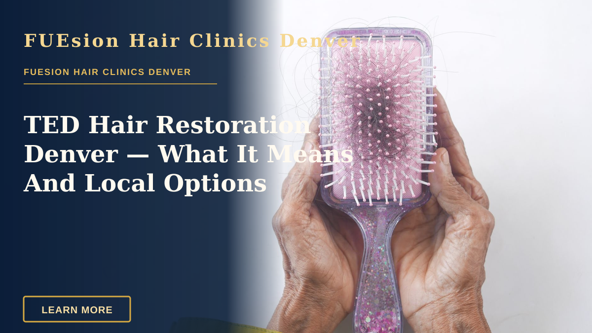 TED Hair Restoration Denver — What It Means And Local Options — Close-up of senior hands holding a hairbrush with hair strands against a white backdrop.