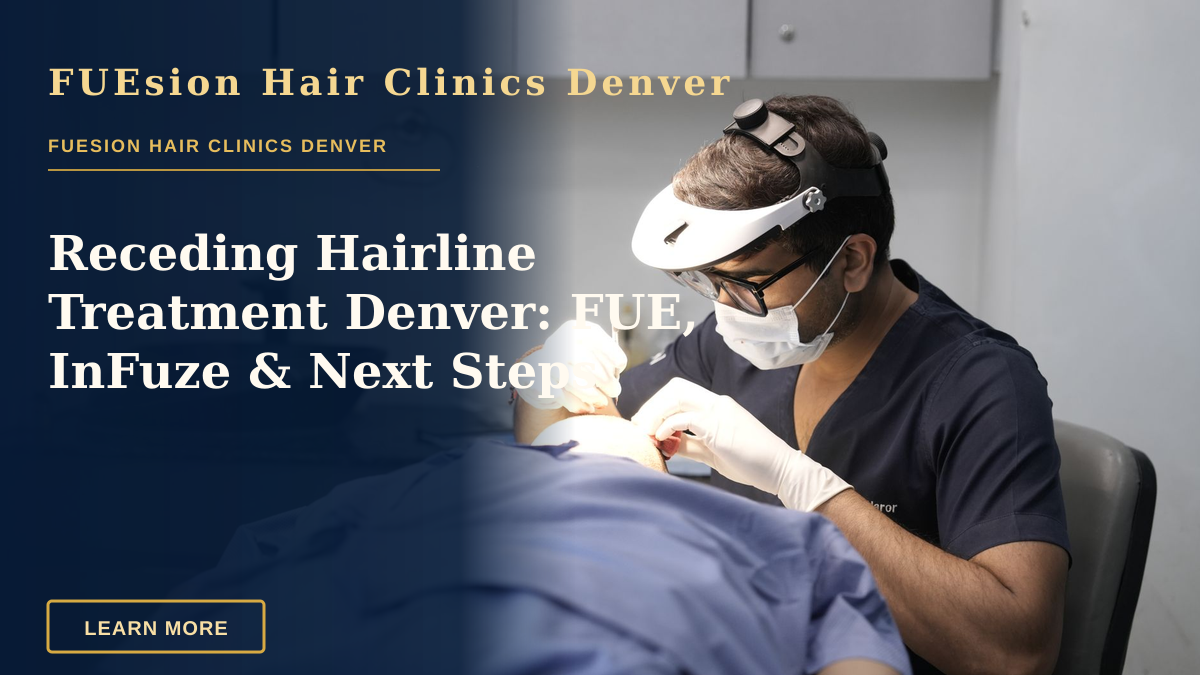 Receding Hairline Treatment Denver: FUE, InFuze & Next Steps — A dermatologist conducts a skin treatment on a patient in a modern clinic setting.