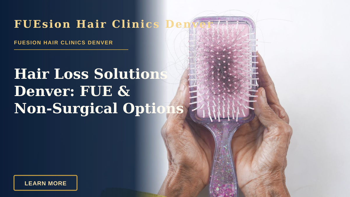 Hair Loss Solutions Denver: FUE & Non‑Surgical Options — Close-up of senior hands holding a hairbrush with hair strands against a white backdrop.