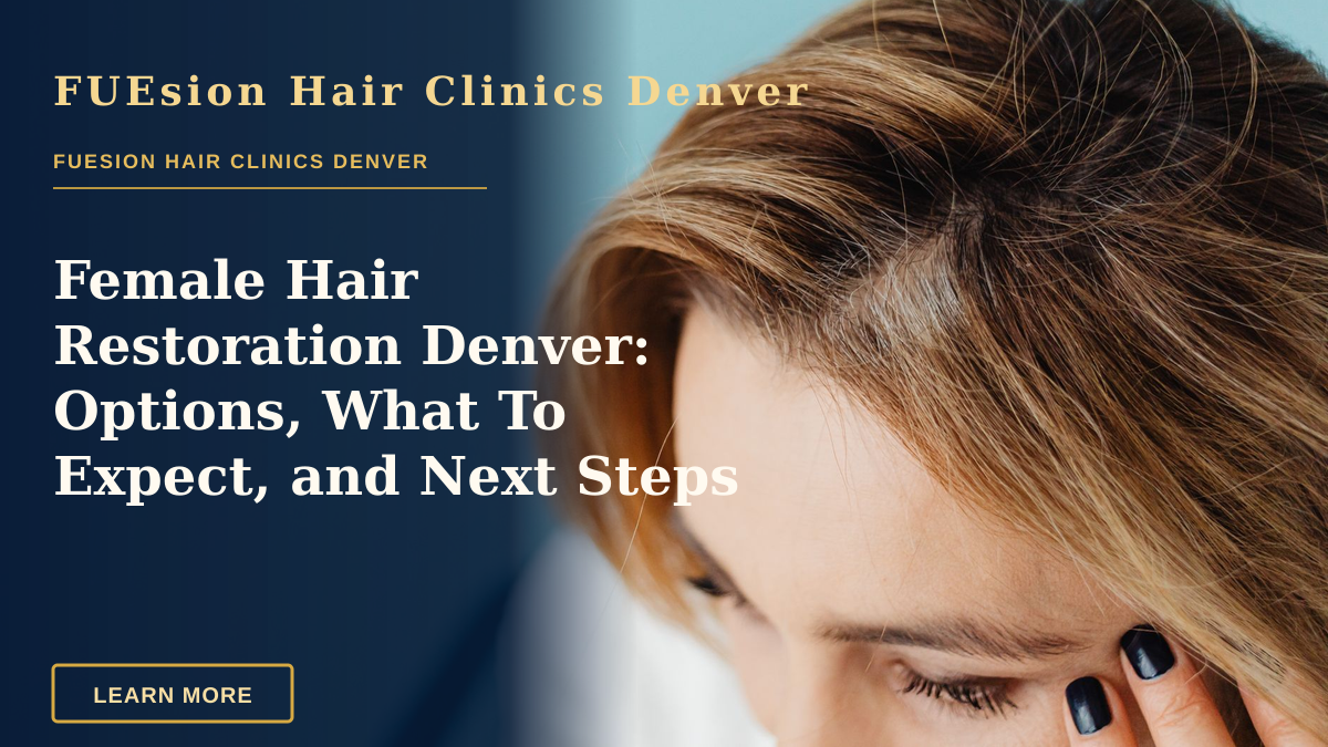 Female Hair Restoration Denver: Options, What To Expect, and Next Steps — Close-up of a woman with a hand on forehead against a blue background.