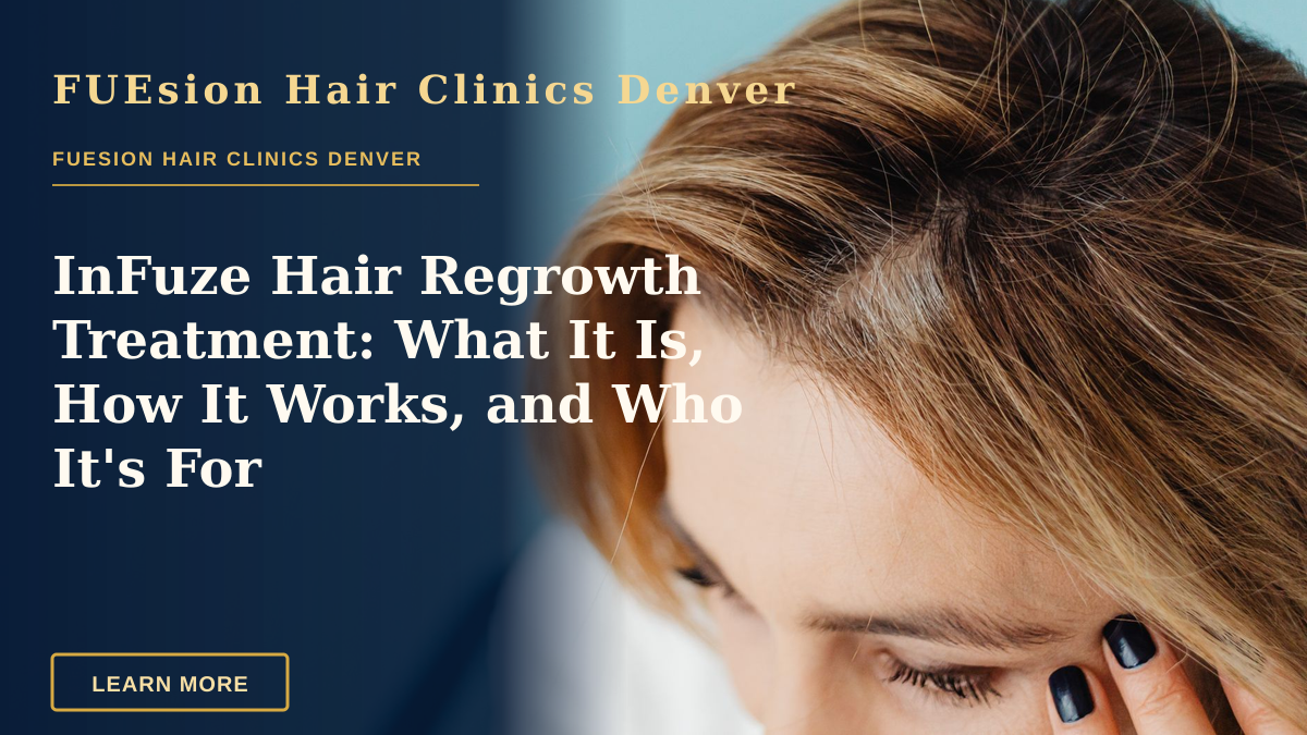 InFuze Hair Regrowth Treatment: What It Is, How It Works, and Who It's For — Close-up of a woman with a hand on forehead against a blue background.