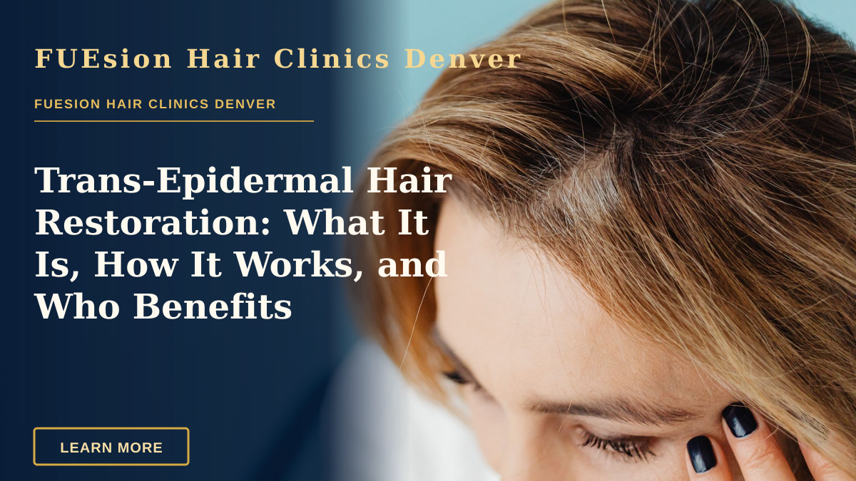 Trans-Epidermal Hair Restoration: What It Is, How It Works, and Who Benefits — Close-up of a woman with a hand on forehead against a blue background.