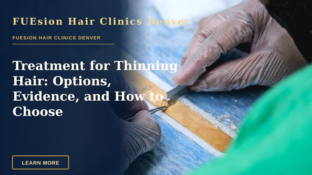 Treatment for Thinning Hair: Options, Evidence, and How to Choose — Detailed view of a hair transplant procedure with gloved hands holding surgical tools indoors.