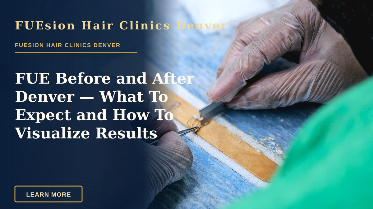 FUE Before and After Denver — What To Expect and How To Visualize Results — Detailed view of a hair transplant procedure with gloved hands holding surgical tools indoors.