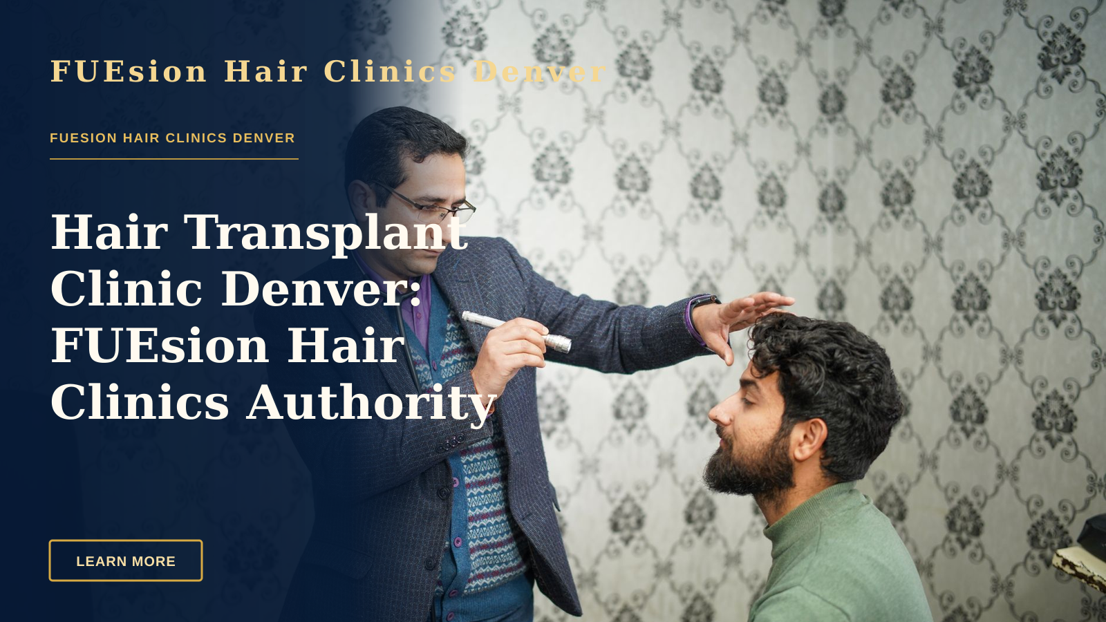 Hair Transplant Clinic Denver: FUEsion Hair Clinics Authority — A doctor performs an eye examination on a patient in a clinical setting.
