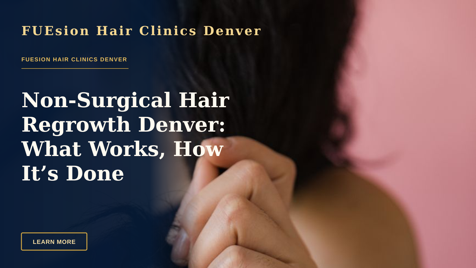 Non-Surgical Hair Regrowth Denver: What Works, How It’s Done — Close-up of a woman holding her black hair with a small tattoo visible on her wrist.