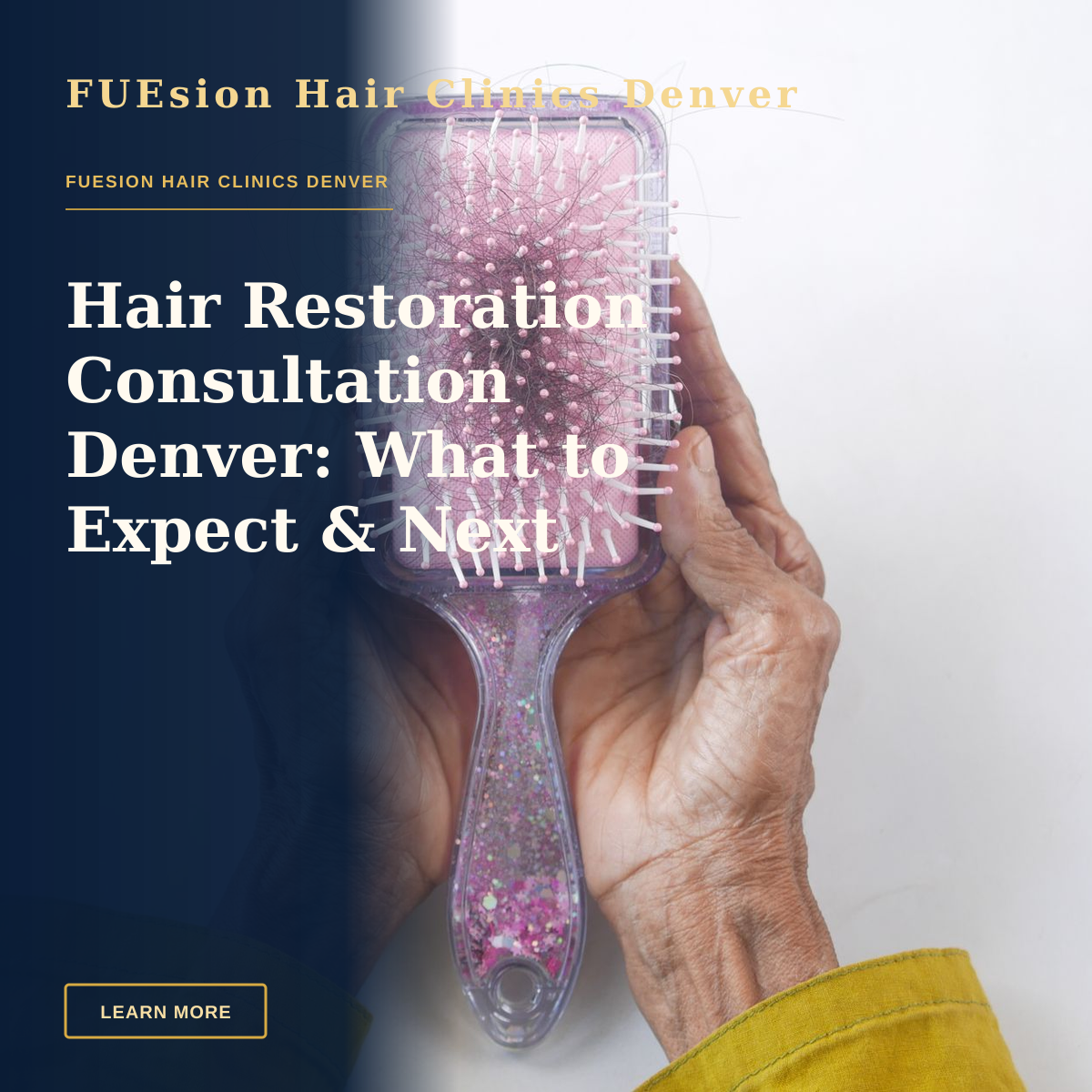 Hair Restoration Consultation Denver: What to Expect & Next Steps — Close-up of senior hands holding a hairbrush with hair strands against a white backdrop.