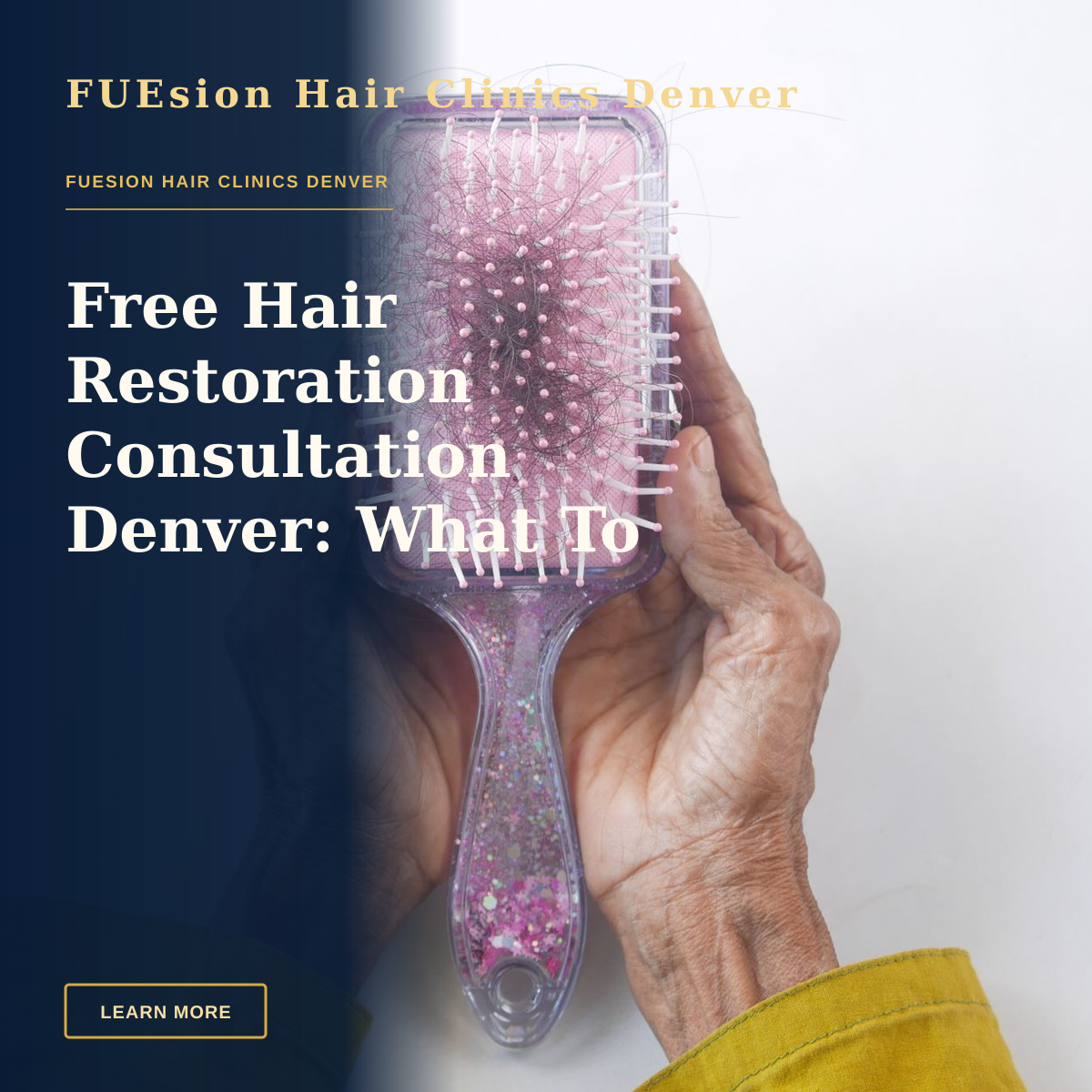 Free Hair Restoration Consultation Denver: What To Expect — Close-up of senior hands holding a hairbrush with hair strands against a white backdrop.