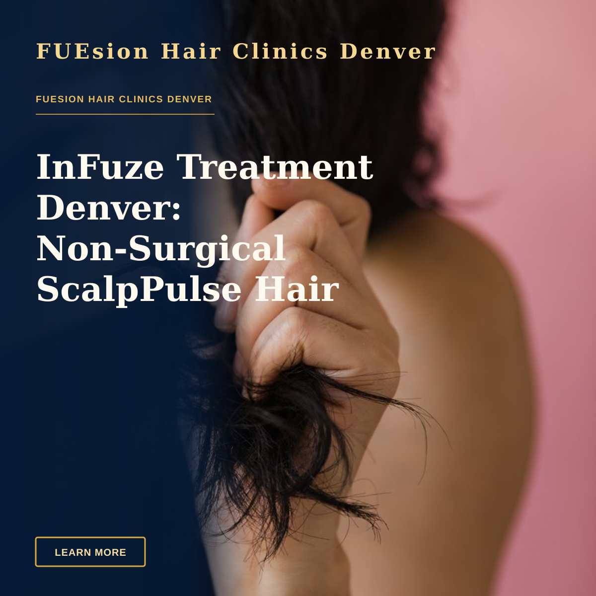InFuze Treatment Denver: Non-Surgical ScalpPulse Hair Regrowth — Close-up of a woman holding her black hair with a small tattoo visible on her wrist.