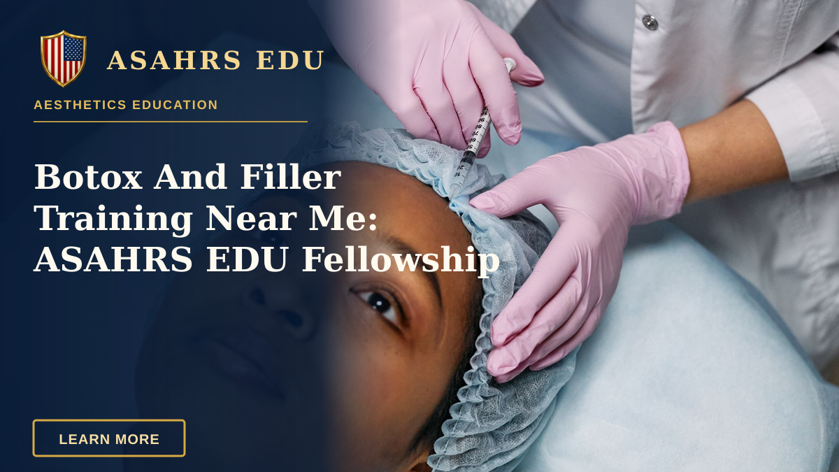 Botox And Filler Training Near Me: ASAHRS EDU Fellowship — Close-up of a cosmetic procedure using injectables on a woman's forehead in a clinic setting.