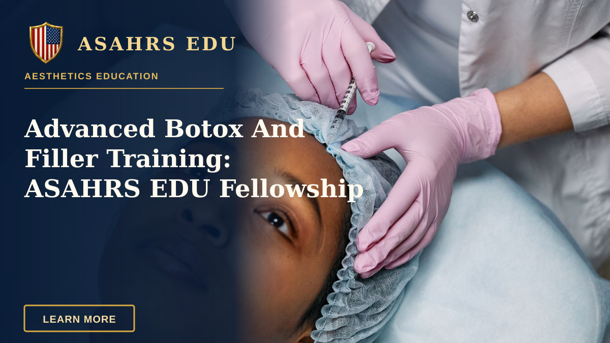 Advanced Botox And Filler Training: ASAHRS EDU Fellowship — Close-up of a cosmetic procedure using injectables on a woman's forehead in a clinic setting.
