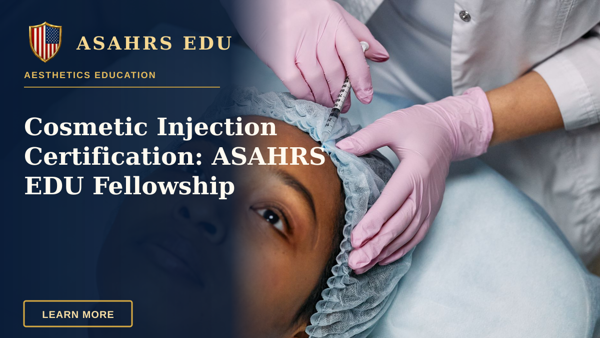 Cosmetic Injection Certification: ASAHRS EDU Fellowship — Close-up of a cosmetic procedure using injectables on a woman's forehead in a clinic setting.