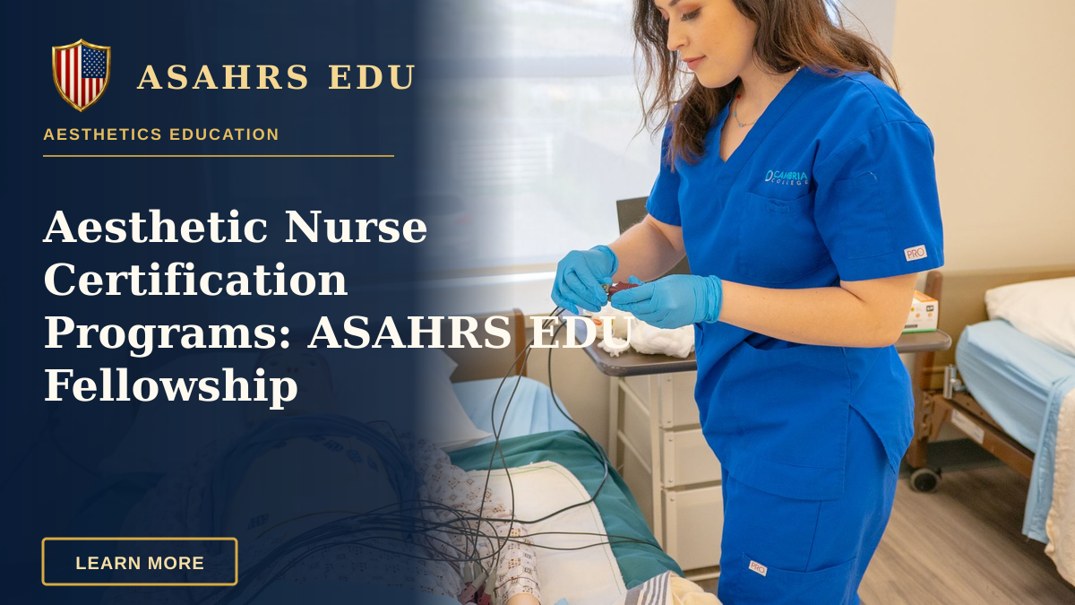 Aesthetic Nurse Certification Programs: ASAHRS EDU Fellowship — Medical student in blue scrubs practicing procedures on a patient training manikin in a clinical setting.