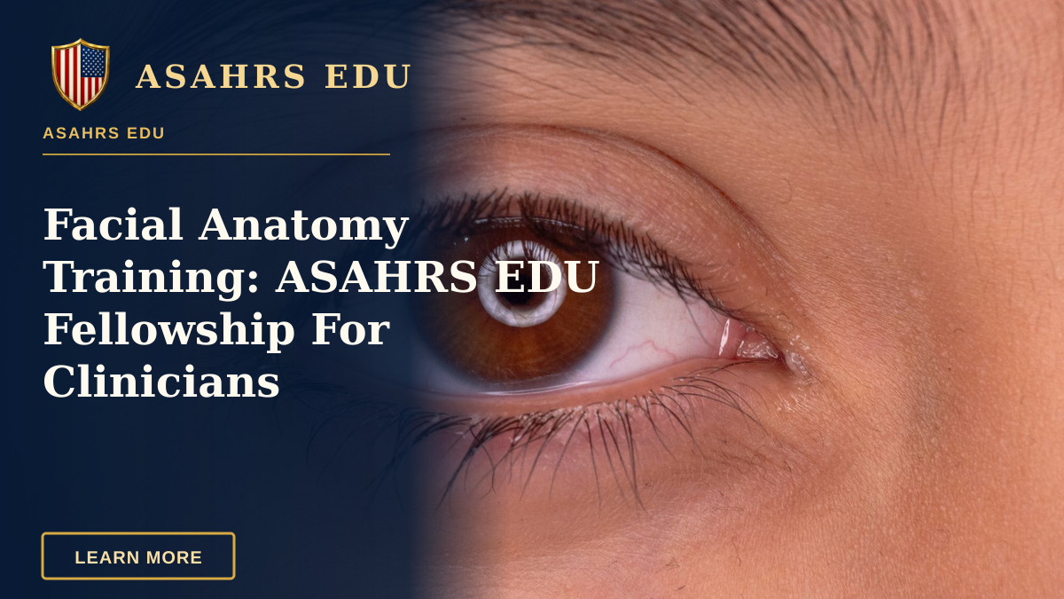 Facial Anatomy Training: ASAHRS EDU Fellowship For Clinicians — Detailed close-up image of a human eye with brown iris and natural eyebrow.