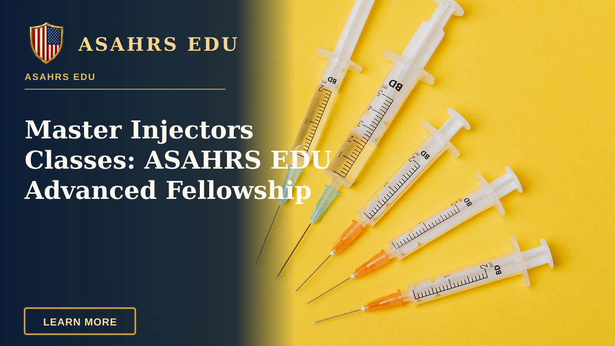 Master Injectors Classes: ASAHRS EDU Advanced Fellowship — Top view composition of medical plastic small empty syringes and bigger syringes filled with medication on yellow background