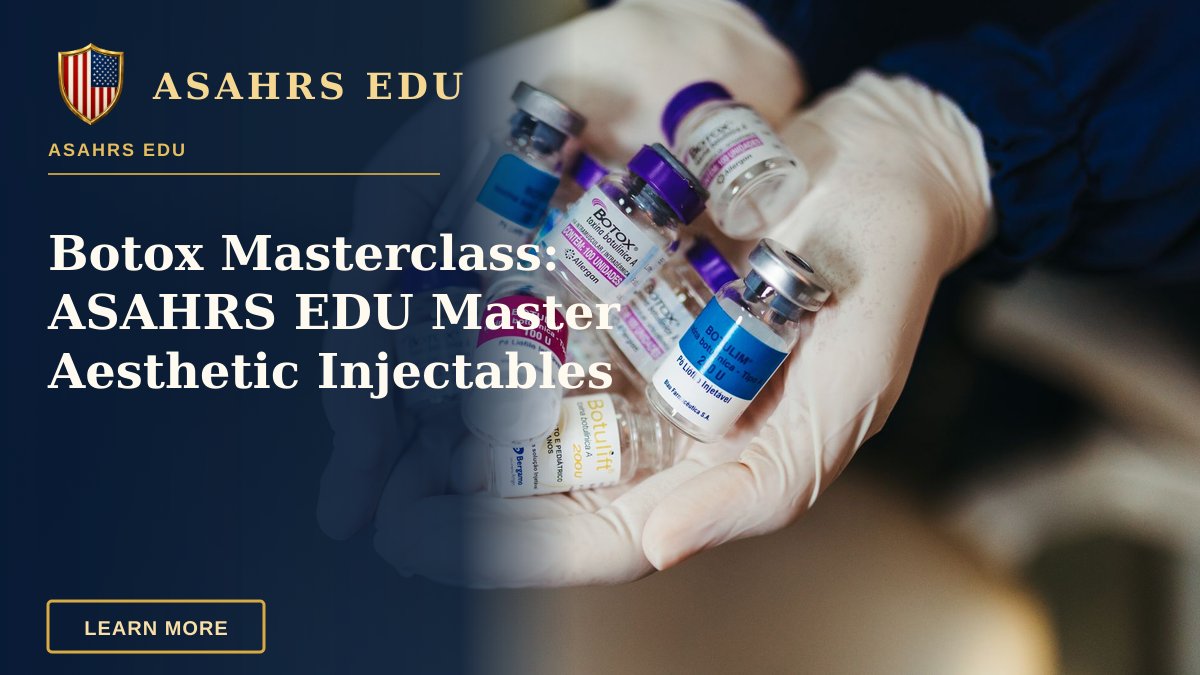 Botox Masterclass: ASAHRS EDU Master Aesthetic Injectables — Close-up of gloved hands holding botulinum toxin vials in a laboratory, ideal for medical themes.