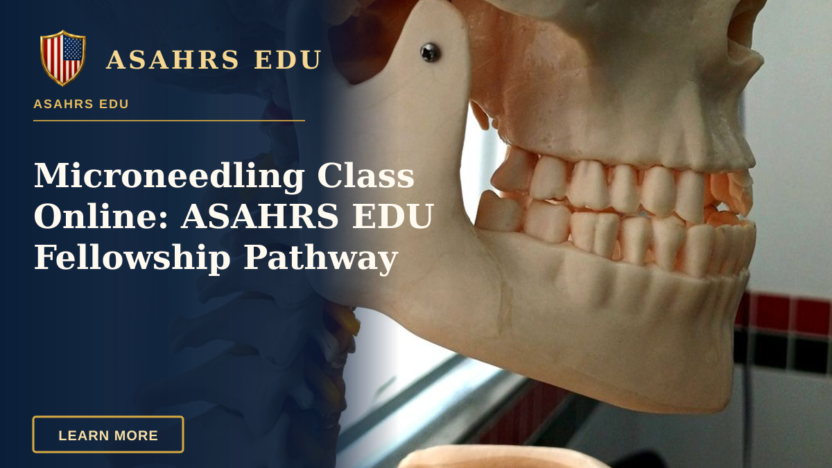 Microneedling Class Online: ASAHRS EDU Fellowship Pathway — Close-up of a plastic human skull model used for educational purposes in a classroom setting.