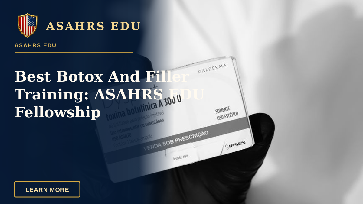 Best Botox And Filler Training: ASAHRS EDU Fellowship — Black and white image of a gloved hand holding a Dysport botulinum toxin box, indicating medical or cosmetic use.