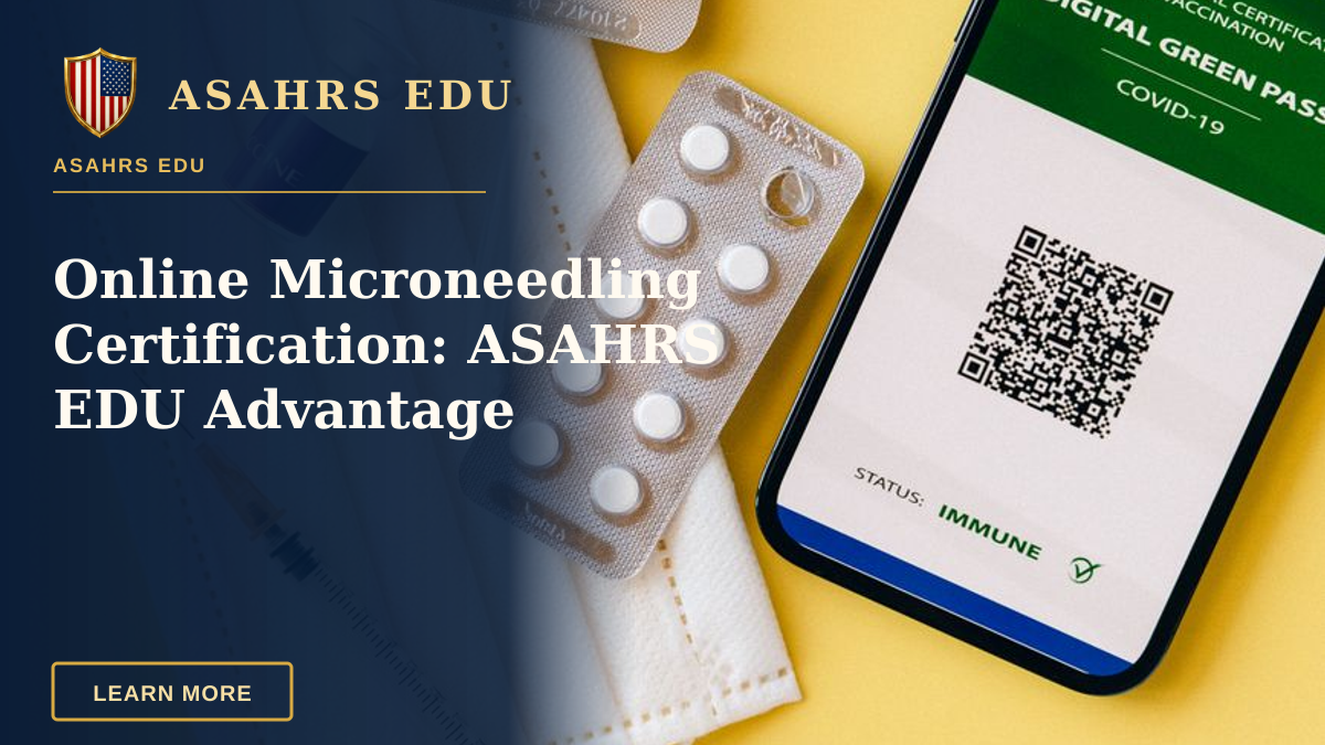Online Microneedling Certification: ASAHRS EDU Advantage — Flat lay of pandemic essentials: mask, vaccine vials, digital pass, medical blister packs, and syringe on a yellow background.