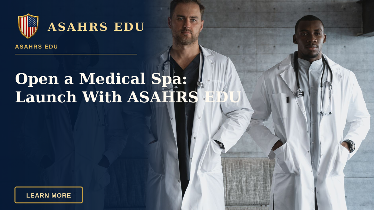 Open a Medical Spa: Launch With ASAHRS EDU — Three doctors in medical gowns with stethoscopes standing confidently indoors.
