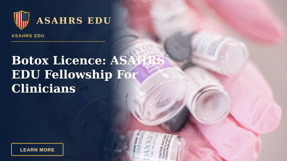 Botox Licence: ASAHRS EDU Fellowship For Clinicians — Collection of cosmetic vial bottles held in pink gloves, representing modern beauty treatments.