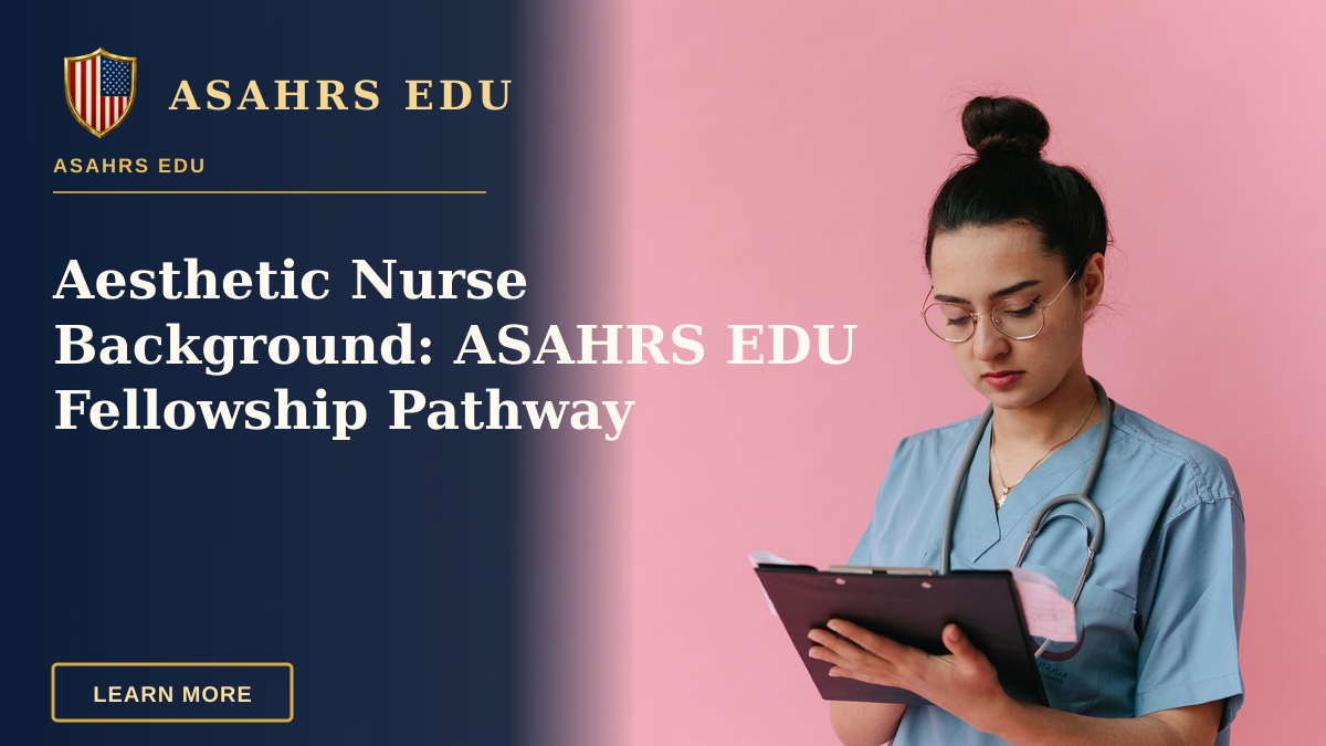 Aesthetic Nurse Background: ASAHRS EDU Fellowship Pathway — Professional nurse reviewing patient notes on clipboard with pink background, in studio setup.
