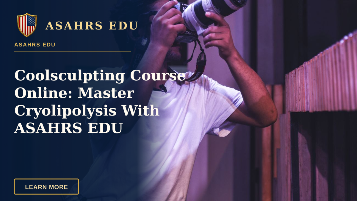 Coolsculpting Course Online: Master Cryolipolysis With ASAHRS EDU — Male photographer with DSLR camera kneeling to capture event images indoors.