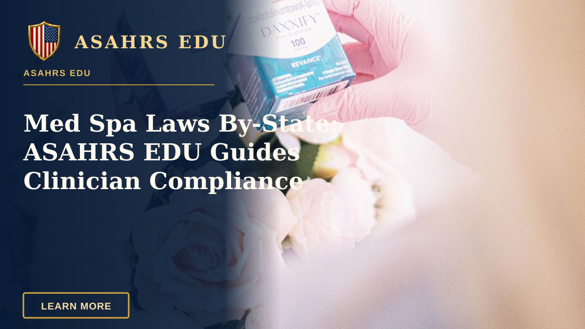 Med Spa Laws By-State: ASAHRS EDU Guides Clinician Compliance — Hands wearing pink gloves holding dermal filler boxes over floral arrangement in a clinic.