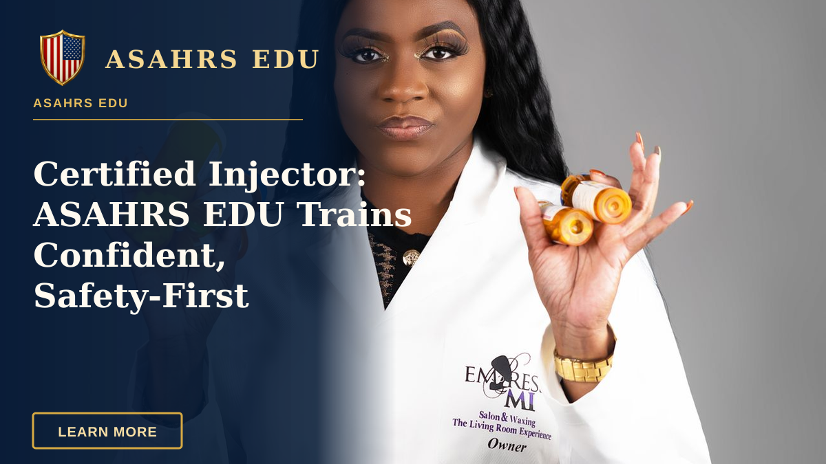 Certified Injector: ASAHRS EDU Trains Confident, Safety‑First Clinicians — A confident female healthcare professional displaying medication bottles, emphasizing health and wellness.