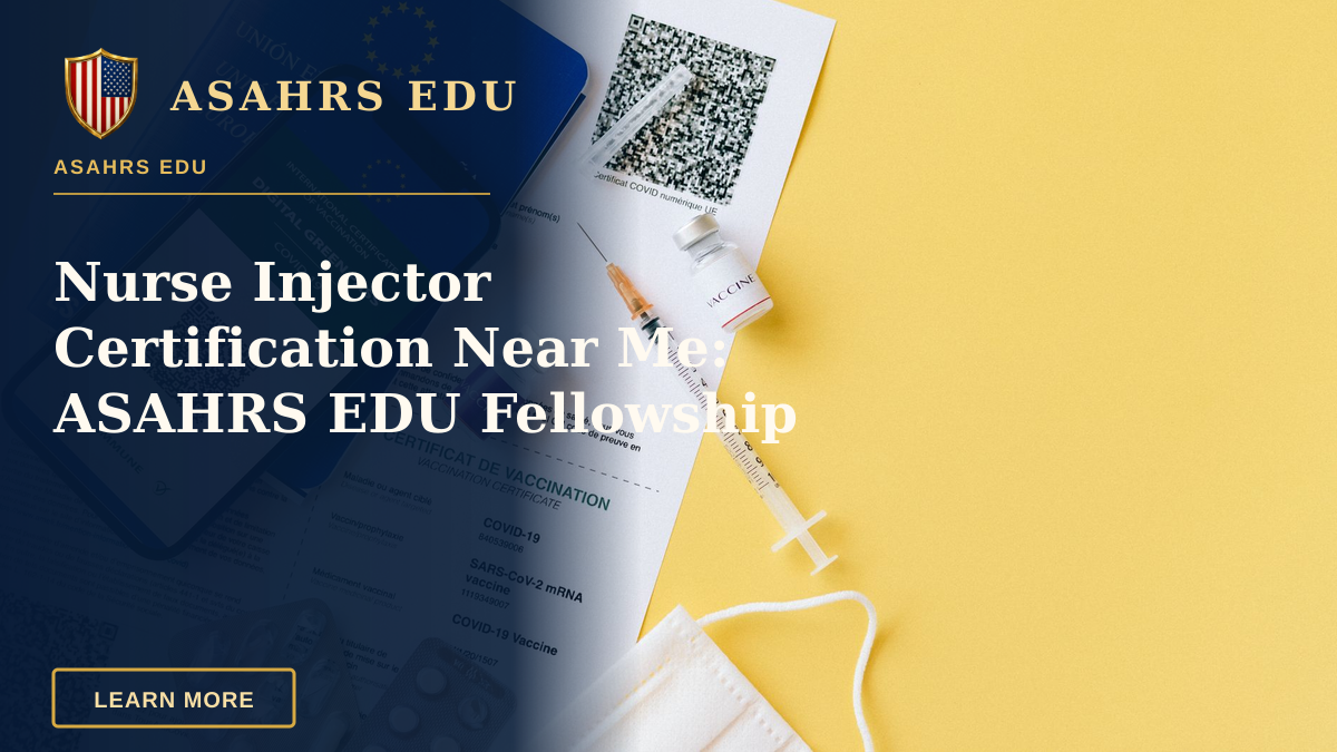 Nurse Injector Certification Near Me: ASAHRS EDU Fellowship — Digital vaccine passport and COVID-19 vaccination items including syringes and masks on a yellow background.
