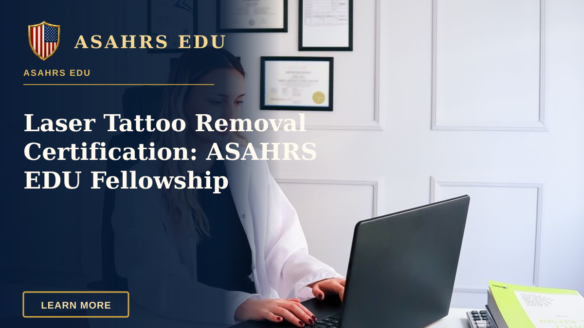 Laser Tattoo Removal Certification: ASAHRS EDU Fellowship — Nutritionist working at desk with laptop and healthy fruits in office setting.
