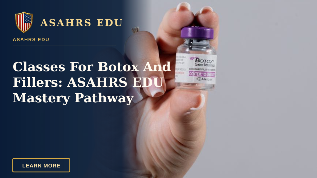 Classes For Botox And Fillers: ASAHRS EDU Mastery Pathway — Close-up of a hand holding a Botox vial, ideal for healthcare stock images.